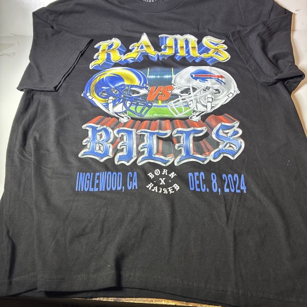 Born X Raised LA Rams VS Bills T-Shirt NFL Graphic Black Men's Size XL New (21B)